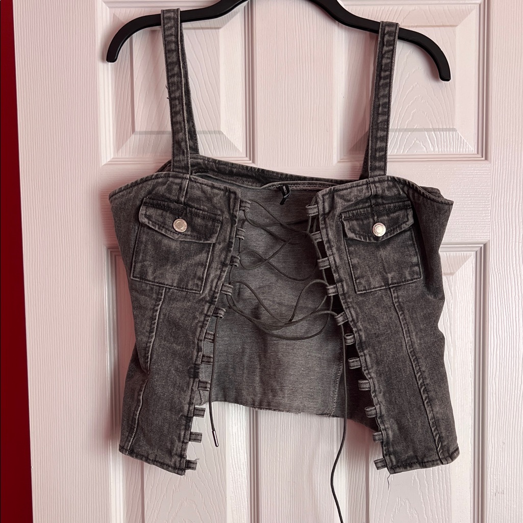 Prettylittlething Grey Acid Wash Lace Up Denim Top